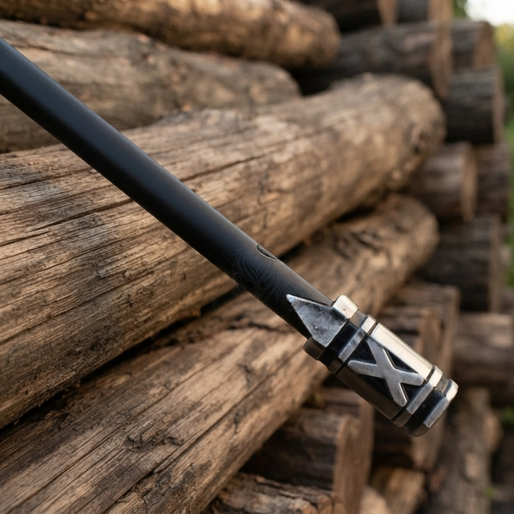 A close-up of a black metal pole or rod with a silver textured end cap featuring a stylized 'X' emblem, resting against stacked rustic wooden logs outdoors.