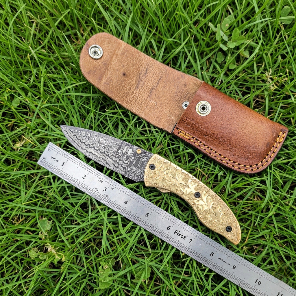 Handmade Damascus Steel 7.3 Inches Folding Knife - Gorgeous Hand Engraving on Full Tang Brass Handle