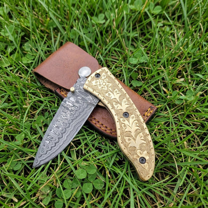Handmade Damascus Steel 7.3 Inches Folding Knife - Gorgeous Hand Engraving on Full Tang Brass Handle