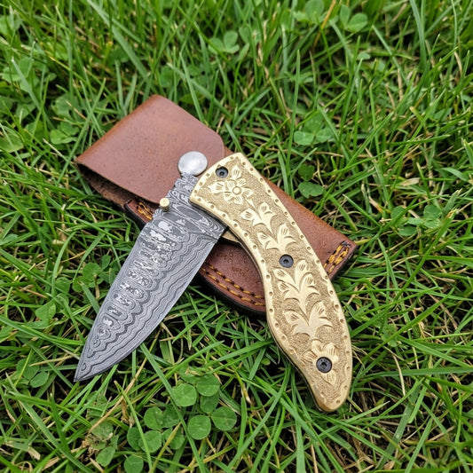 Handmade Damascus Steel 7.3 Inches Folding Knife - Gorgeous Hand Engraving on Full Tang Brass Handle