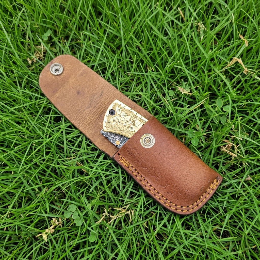 Handmade Damascus Steel 7.3 Inches Folding Knife - Gorgeous Hand Engraving on Full Tang Brass Handle