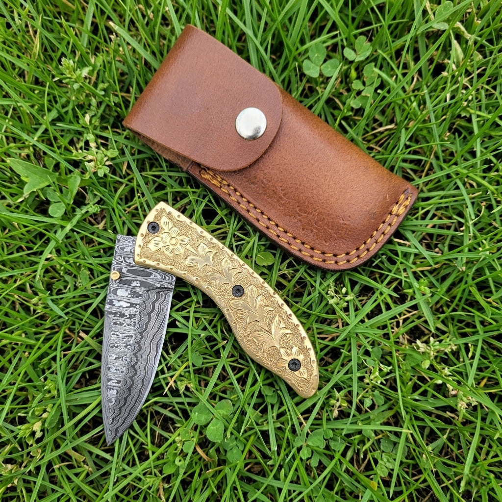 Handmade Damascus Steel 7.3 Inches Folding Knife - Gorgeous Hand Engraving on Full Tang Brass Handle