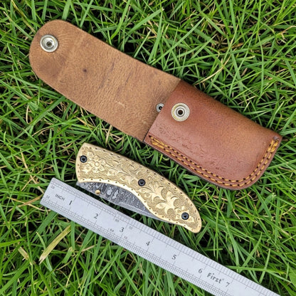 Handmade Damascus Steel 7.3 Inches Folding Knife - Gorgeous Hand Engraving on Full Tang Brass Handle