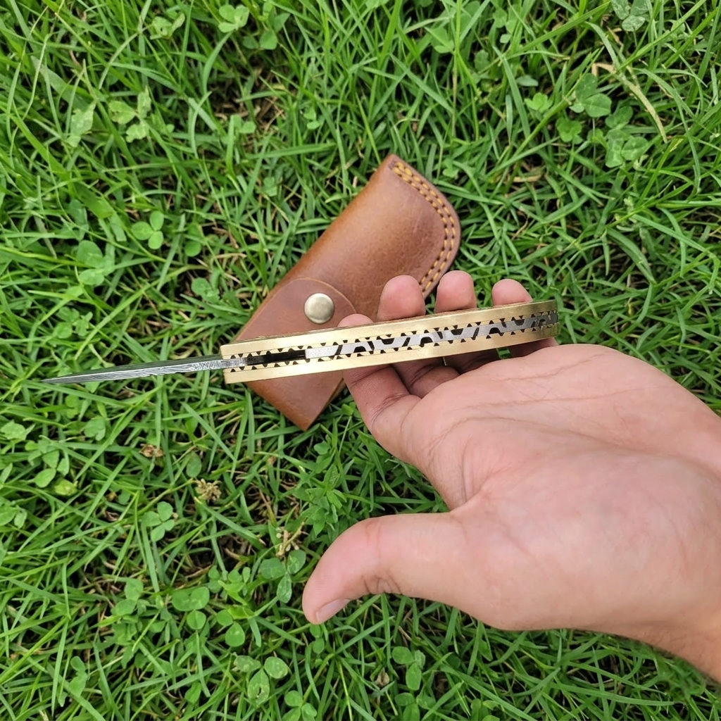 Handmade Damascus Steel 7.3 Inches Folding Knife - Gorgeous Hand Engraving on Full Tang Brass Handle