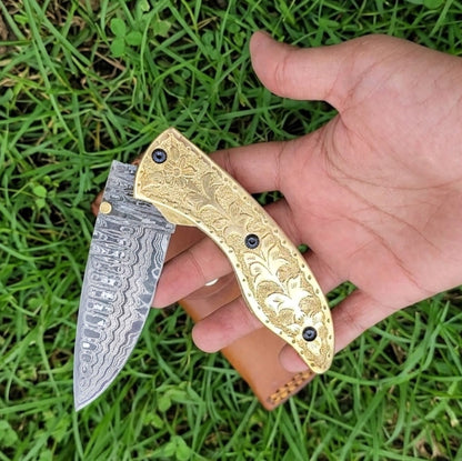 Handmade Damascus Steel 7.3 Inches Folding Knife - Gorgeous Hand Engraving on Full Tang Brass Handle