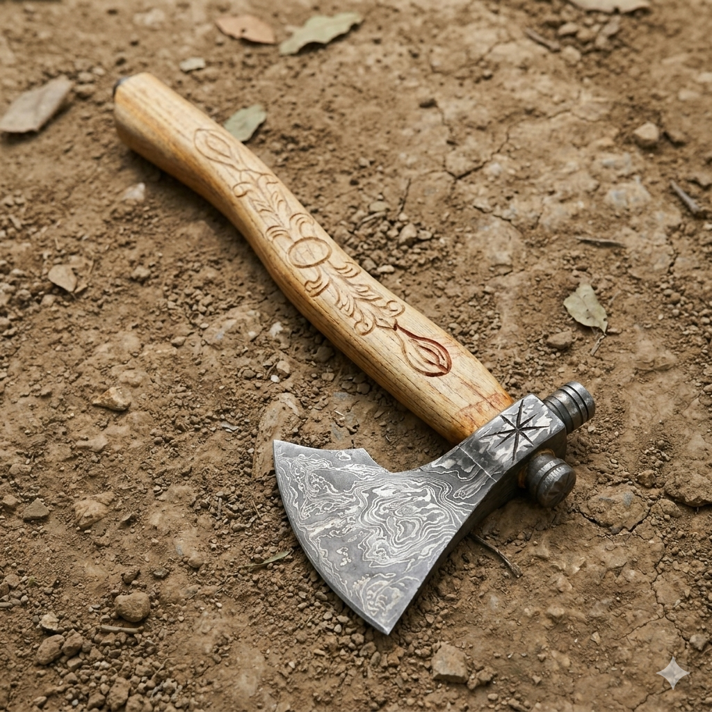 Hand Forged Damascus Steel Viking Bearded Axe, Walnut Handle Bushcraft Hatchet