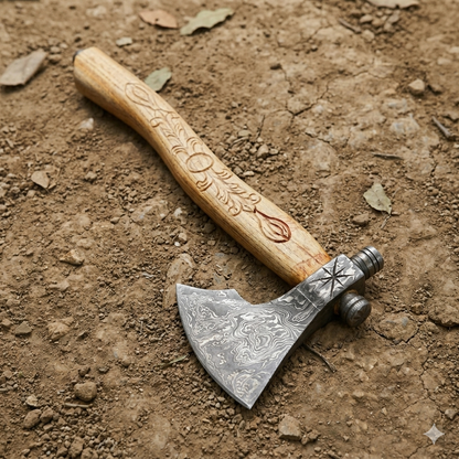 Hand Forged Damascus Steel Viking Bearded Axe, Walnut Handle Bushcraft Hatchet