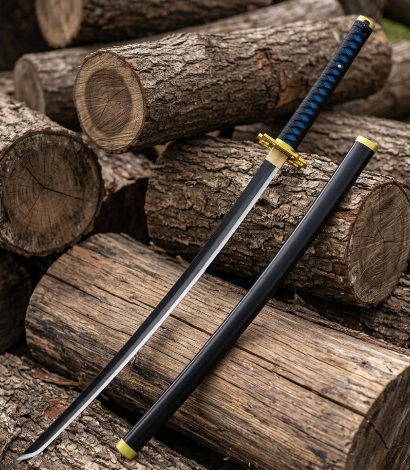 Handmade Muichiro sword blade tip close-up showing sleek black finish, hand-forged steel craftsmanship