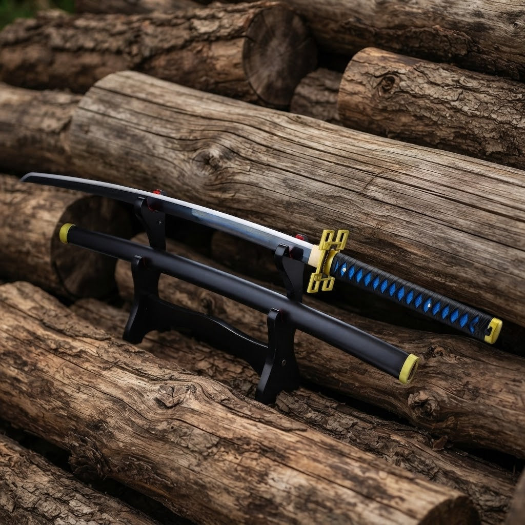 Demon Slayer Muichiro Nichirin katana full length view displayed with matching black scabbard