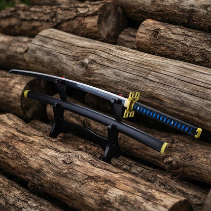 Demon Slayer Muichiro Nichirin katana full length view displayed with matching black scabbard