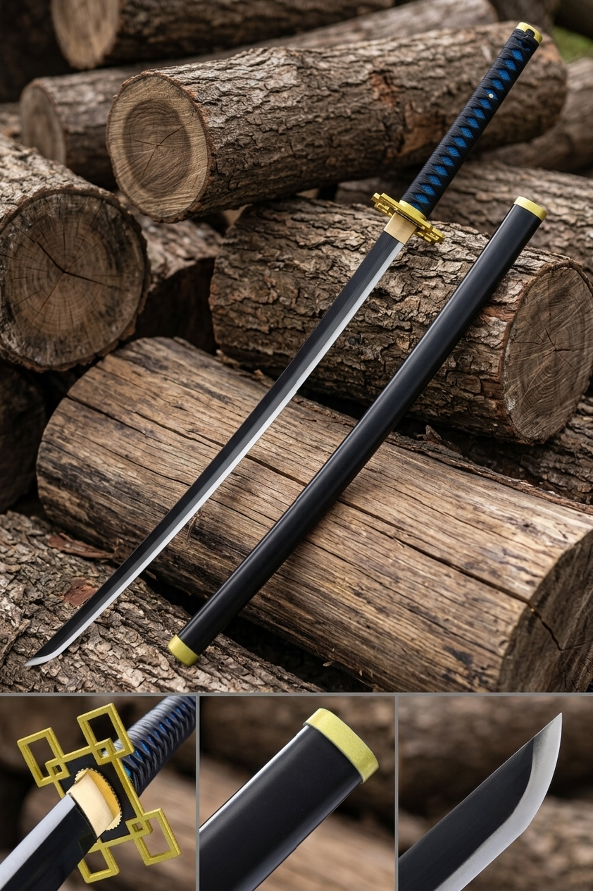 Muichiro sword black blade close-up with sleek stainless steel finish, Mist Hashira katana detail