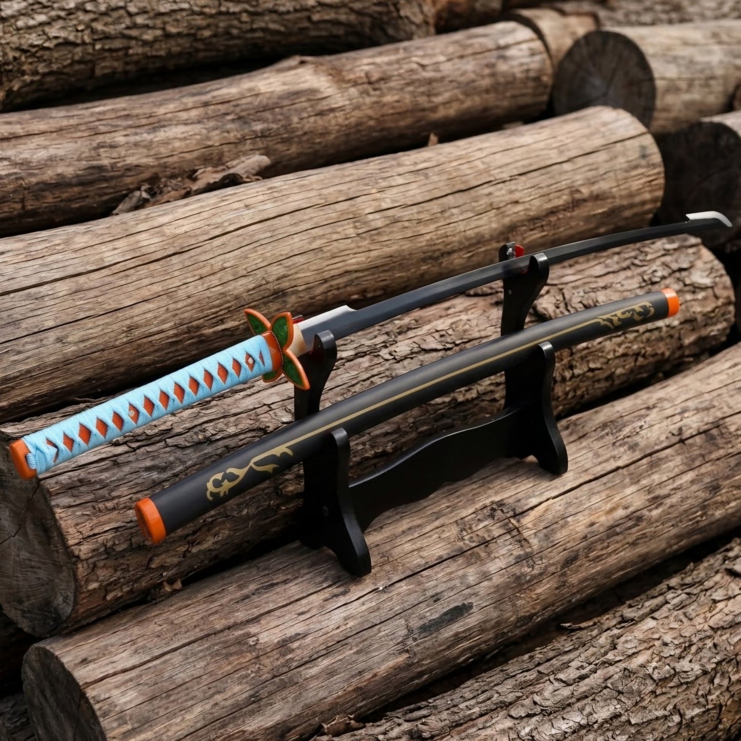 Shinobu sword butterfly-shaped tsuba and teal cord-wrapped handle detail, Demon Slayer anime collectible piece