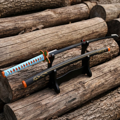 Shinobu sword butterfly-shaped tsuba and teal cord-wrapped handle detail, Demon Slayer anime collectible piece
