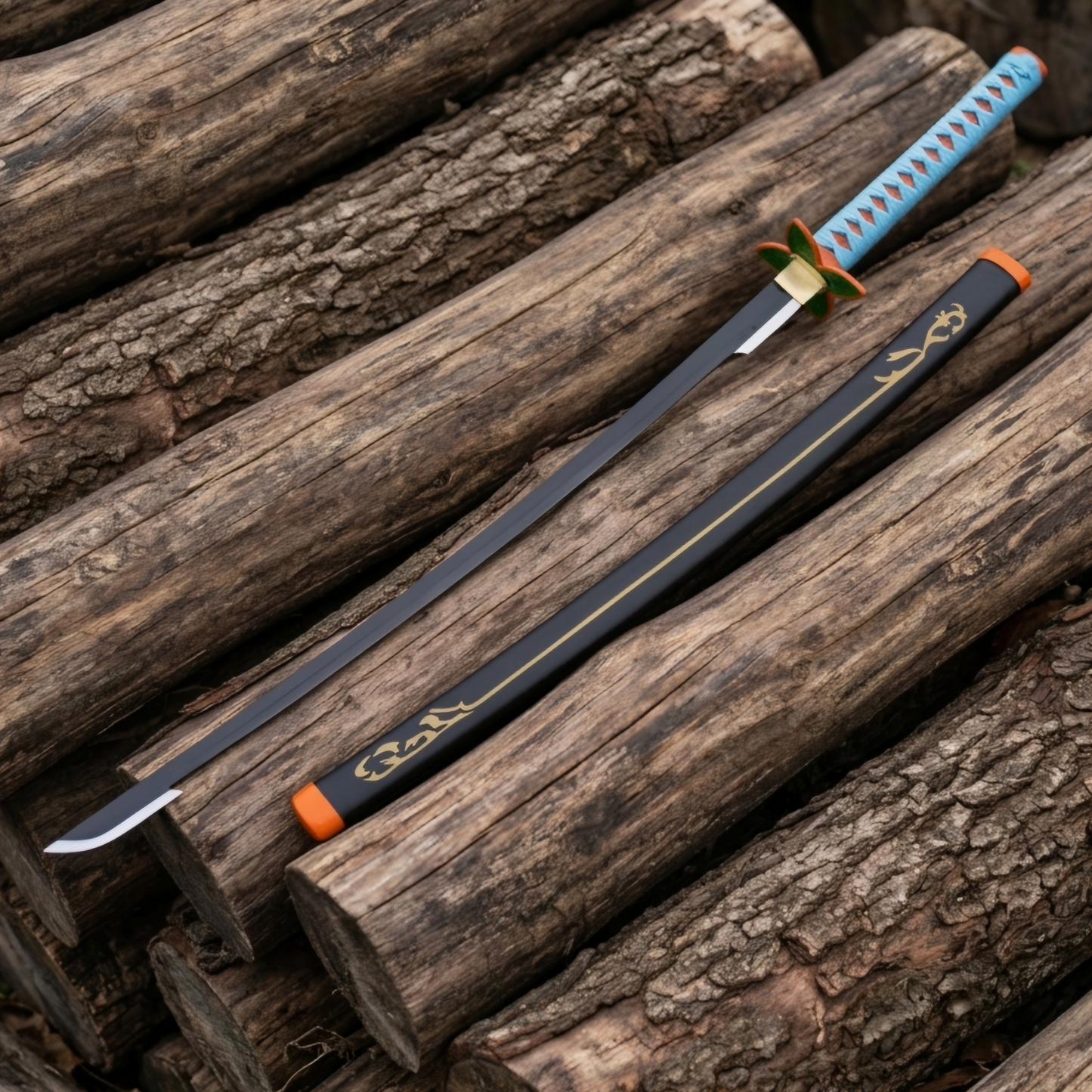 Demon Slayer Shinobu Kocho Nichirin katana full length view displayed with matching black scabbard