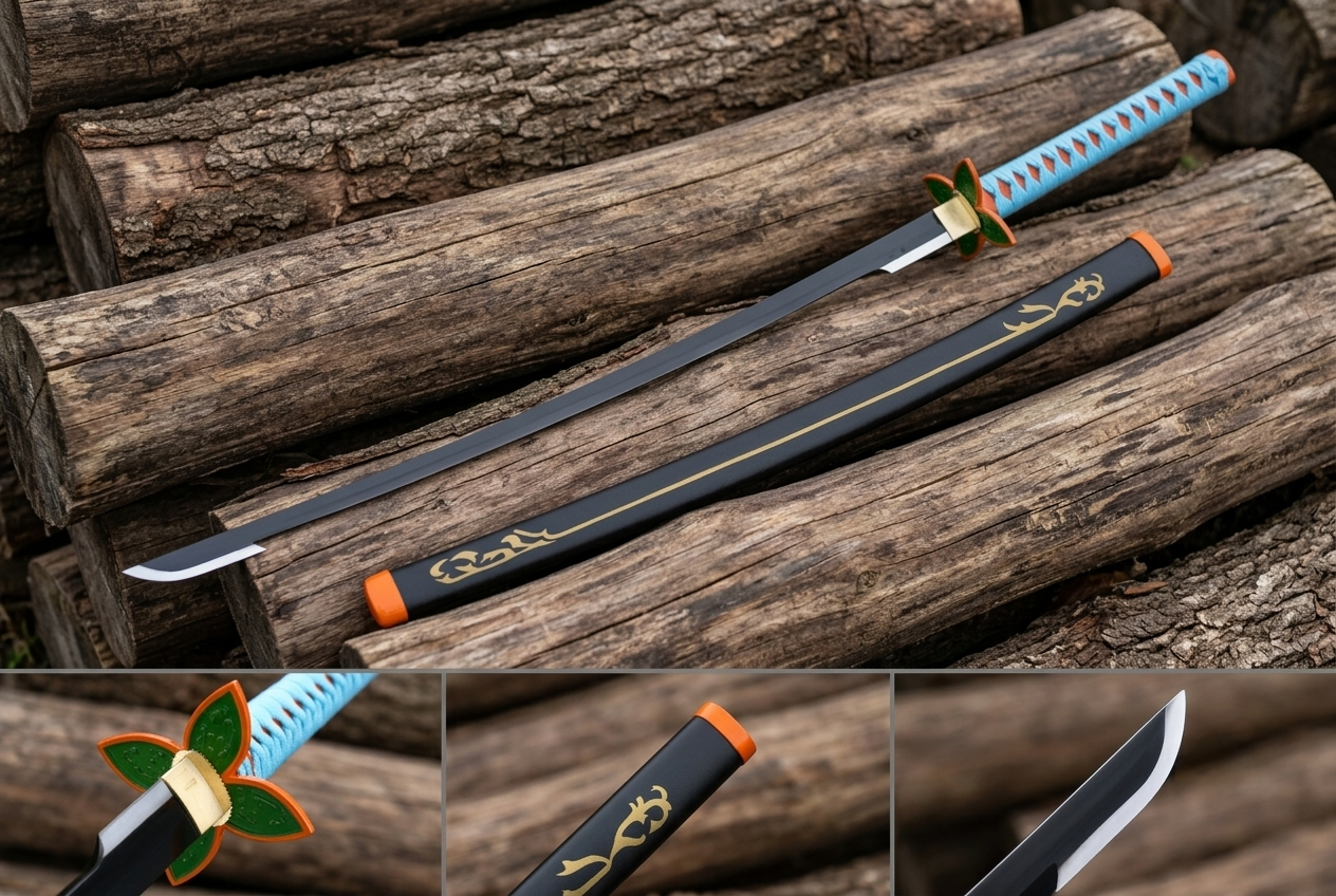 Shinobu Kocho sword slender needle-thin piercing blade close-up, stainless steel with black finish detail