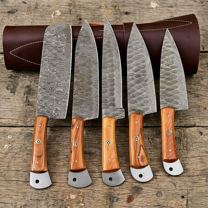 Handmade Damascus Steel 5 Pc's Chef Knife Set Kitchen Knifes